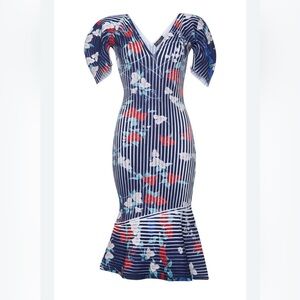 Salvatore Ferragamo BOUGANVILLE Structured Ribbed Floral Midi Dress